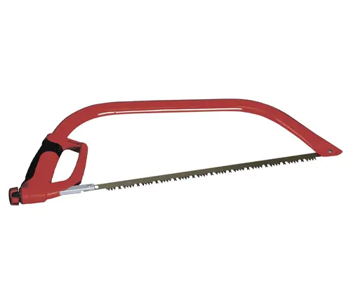 A red bow saw with a comfortable black grip handle and a serrated blade, designed for efficient cutting and pruning.
