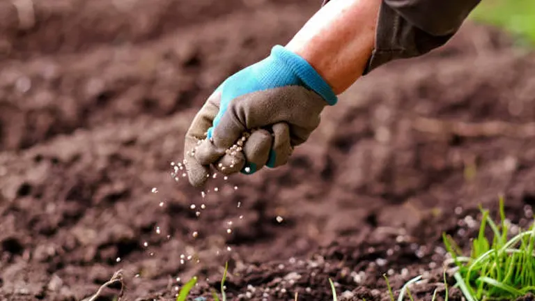 A gloved hand carefully sowing seeds into rich, moist soil, capturing the essence of precise gardening work.