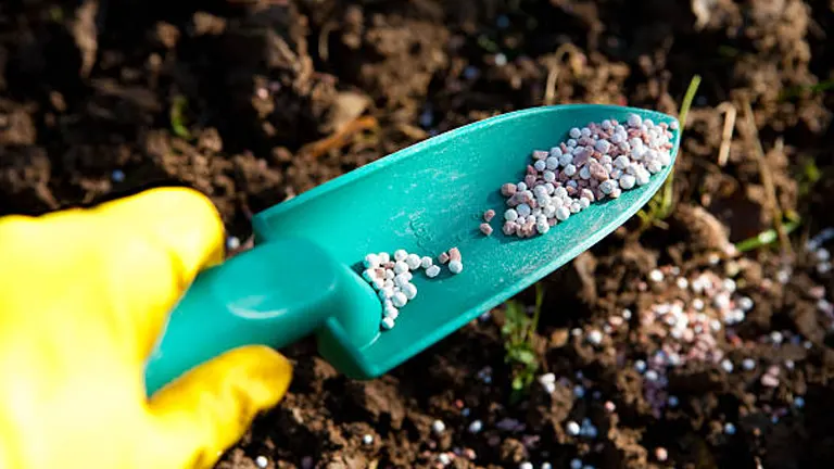 A hand in a yellow glove holding a green scoop filled with granular fertilizer, ready to nourish the garden soil.