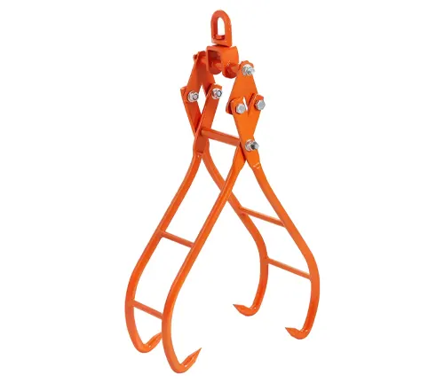 Orange log lifting tongs with curved steel claws and a central swivel joint.