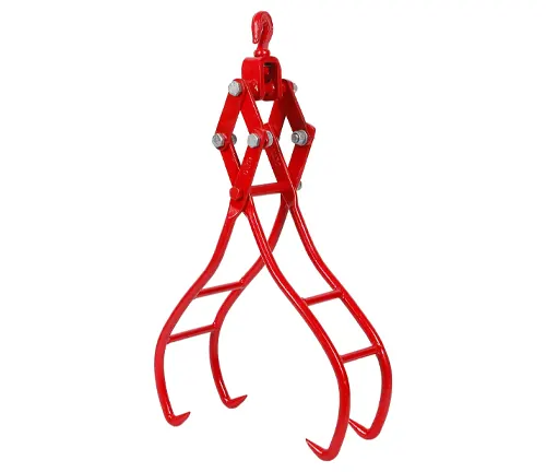 Red log lifting tongs with a swivel link at the top and sharp, curved claws for gripping.
