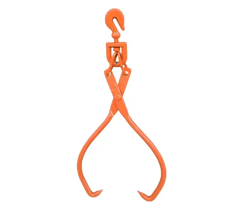 Orange log lifting tongs with a top swivel hook and curved gripping arms.
