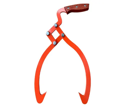 Red log lifting tongs with a wooden handle and curved steel claws.
