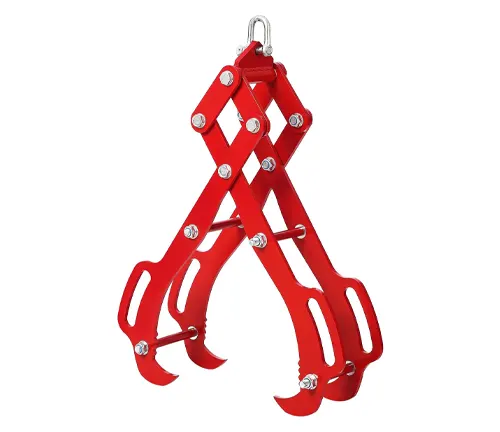 Red log lifting tongs with multiple curved claws and a top swivel link.

