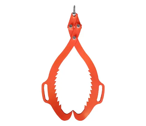 Red log lifting tongs with serrated edges and a swivel attachment point at the top.
