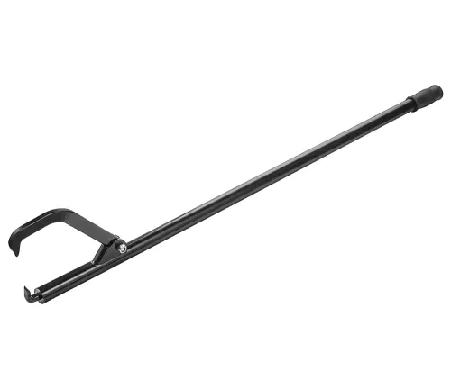 A long, black cant hook with a steel hook at one end and a grip handle at the other, isolated on a white background.
