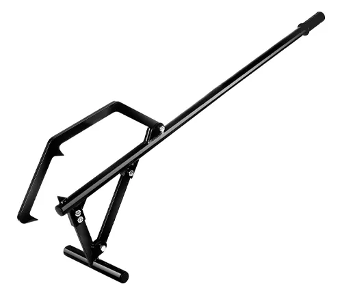 A black timberjack tool with a long handle and a stand, designed for lifting and rolling logs, isolated on a white background.

