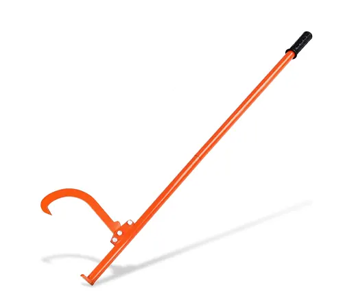 An orange cant hook with a black grip handle, used for gripping and rolling logs, set against a white background.
