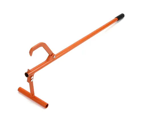 An orange log roller tool with a black handle and a stand, designed for moving and lifting logs, on a white background.
