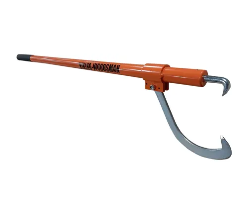 An orange and silver cant hook labeled "The Woodsman" with a long handle and curved metal hook, used for gripping and rolling logs, isolated on a white background.
