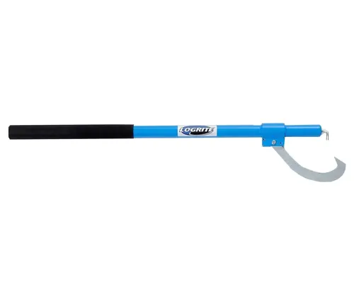 A blue LogRite cant hook with a black rubber grip and a silver curved hook, designed for moving and handling logs, against a white background.
