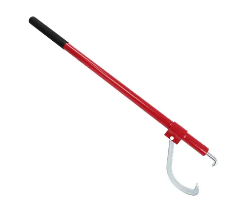 A red cant hook with a black handle and a silver hook, typically used for gripping and turning logs, displayed against a white background.


