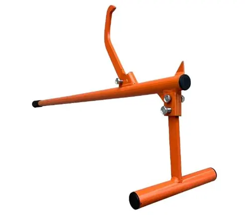 An orange log jack with a long handle and metal lifting hook, including a stabilizing foot, against a white background.


