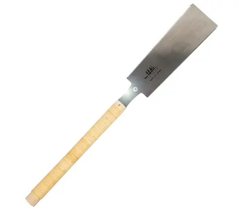 A Japanese pull saw with a light-colored wooden handle and a silver-tone blade, featuring kanji characters printed near the base, isolated on a white background.