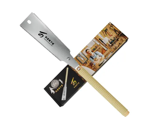 A KERYE Japanese pull saw with a pale wooden handle and silver blade, alongside its packaging featuring images of the saw in use and product details.