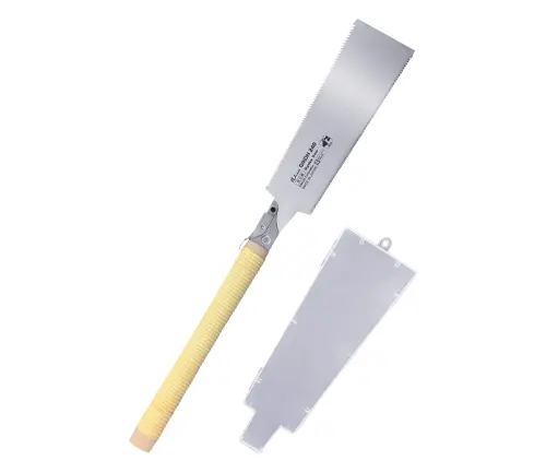 A SUIZAN Japanese pull saw with a light wooden handle and a stainless steel blade, accompanied by a clear plastic blade cover, all against a white background.