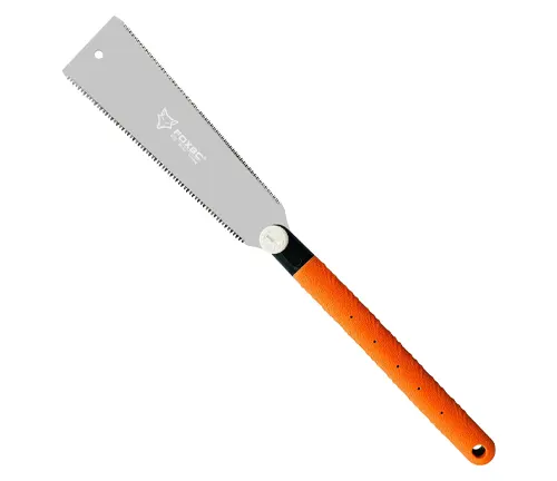 A sleek TOPEC Japanese pull saw with an orange handle and a silver blade, complete with a hanging hole at the end of the handle, against a clean white background.