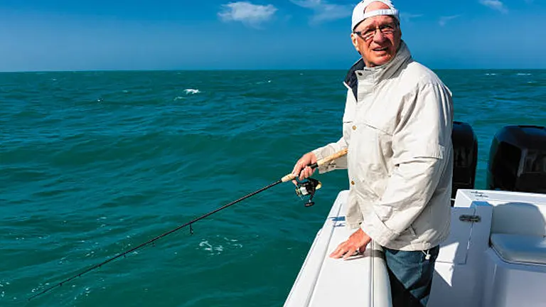 A smiling man in a cap and sunglasses fishing off the side of a boat, with the deep blue sea stretching out behind him under a clear sky.

