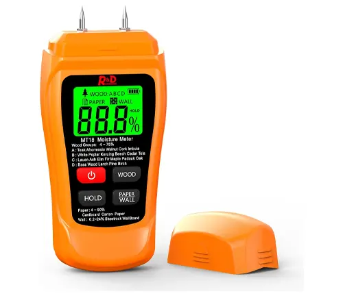 An orange R&D pin-type moisture meter with a bright green digital screen displaying 8.8% moisture content, with settings for wood, paper, and wall, accompanied by its protective cap placed to the side.