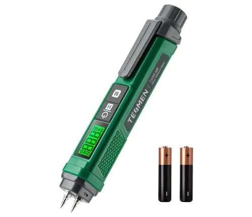 A green pen-shaped TESMEN moisture meter with digital display, alongside two AAA batteries, indicating its portability and ease of use for measuring moisture content.