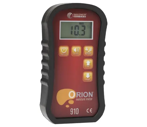 A red and black Wagner Orion 910 pinless moisture meter with a digital display reading 10.3%, featuring a streamlined design with easy-to-use button interface.