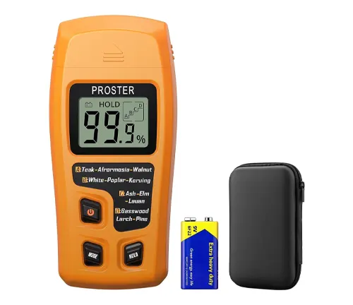 An orange Proster pin-type moisture meter displaying 9.9% moisture level on the digital screen, with a list of wood types it can measure, alongside a 9V battery and a black carrying case.