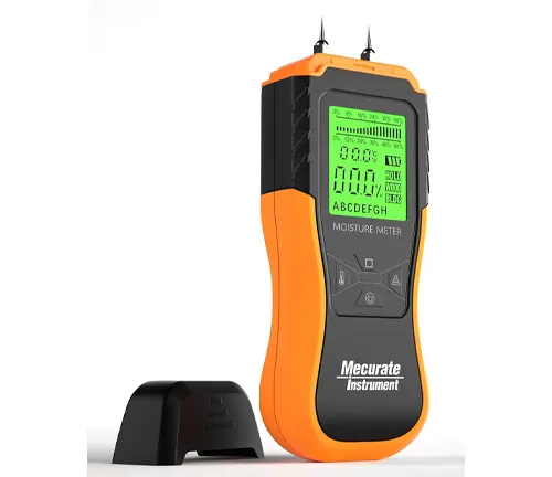 A sleek orange and black Mecurate pin-type moisture meter with a green illuminated digital screen showing various moisture levels for different material settings, accompanied by a protective black cap, against a white background.