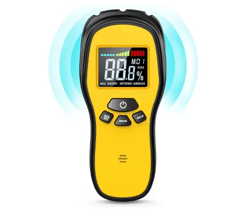 A vibrant yellow pin-type moisture meter with a large LCD screen displaying an 8.8% moisture reading and mode indicators for wall, masonry, softwood, and hardwood, set against a white background with a soft blue glow.