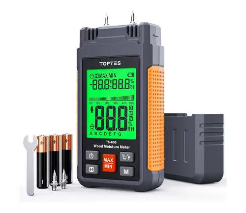 A black and orange TOPTES pin-type wood moisture meter with a green backlit display, showing maximum and minimum moisture readings and multiple wood type settings, flanked by batteries, spare pins, and a wrench on a white background.