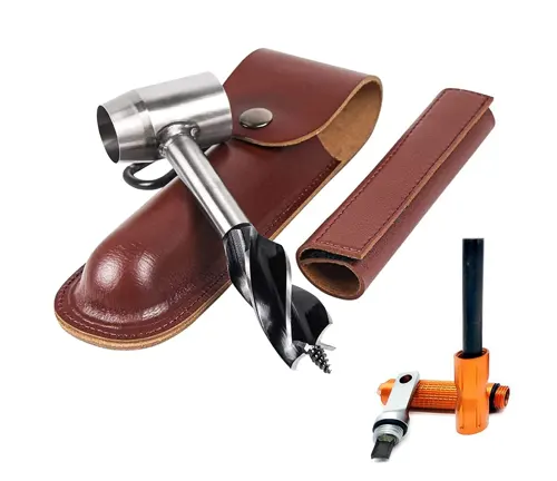 Hand auger with a leather case displayed next to an orange handle adapter and an additional drill bit on a white background.