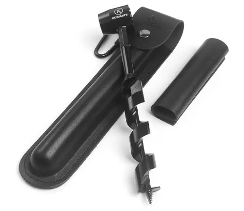 Black spiral hand auger drill bit with a protective sheath and handle cover, featuring a branded tag, against a white background.