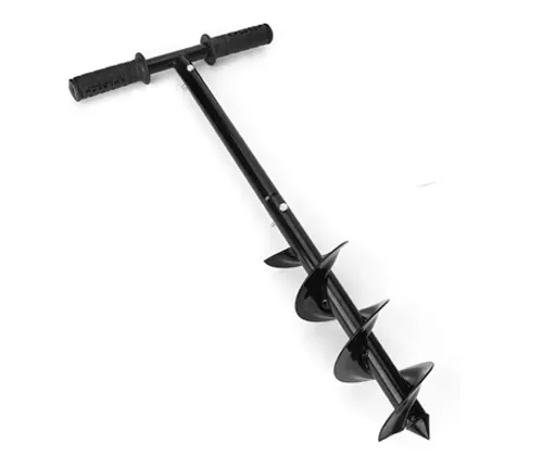 Black manual ice auger with dual blades and a T-shaped handle on a white background.