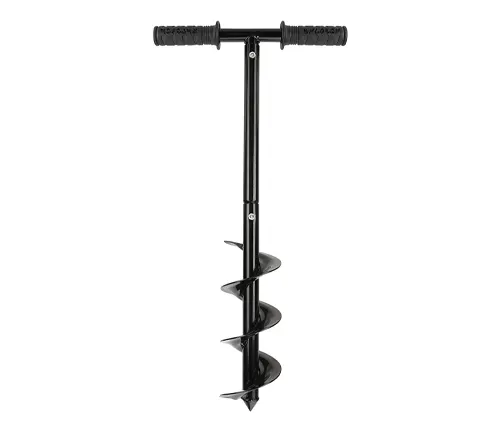 Vertical black hand auger with T-bar handle and spiral fluted blade against a white background.
