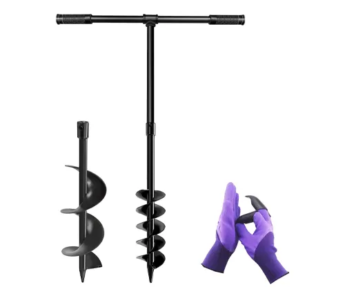 Gardening tool set featuring a long black hand auger with a T-handle, a smaller auger, and a pair of purple gardening gloves, all against a white background.
