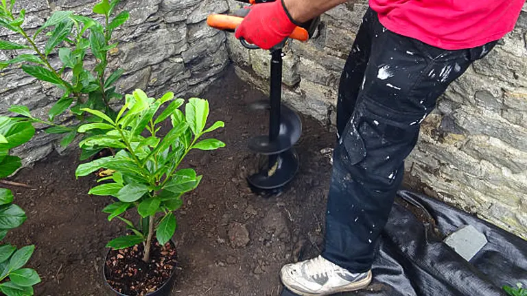 Person planting a young bay laurel tree in the soil with a garden auger next to a stone wall.