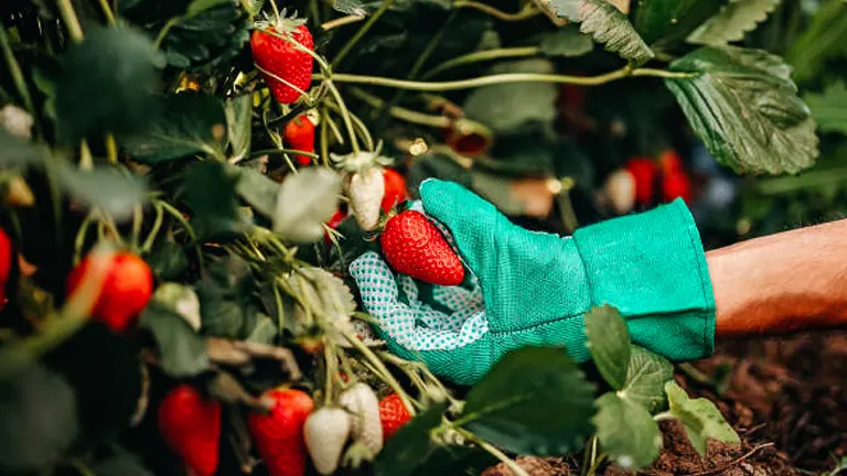 A person's hand wearing a green garden glove picking ripe strawberries from a lush plant.