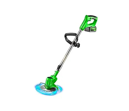 A green electric cordless string trimmer with an adjustable handle and a cutting disc, standing upright on a white background.