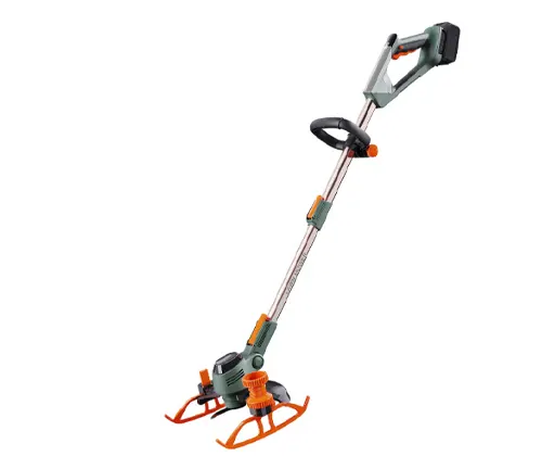 A green and orange electric string trimmer with dual handles and adjustable shaft, displayed against a white background.