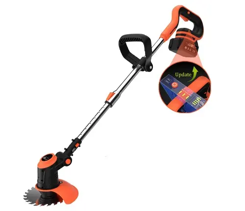 A red and black electric cordless string trimmer with an adjustable handle and a circular saw blade attachment, displayed on a white background.