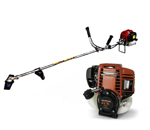 A Honda GX35 gas-powered brush cutter with a long shaft and bicycle-style handles, featuring a red and black engine housing, isolated on a white background.