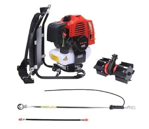 A multifunctional gas-powered brush cutter kit featuring a red and white engine unit with a backpack harness, a detachable shaft, and various attachments, displayed on a white background.