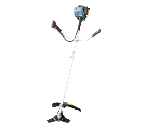 A professional gas-powered brush cutter with a white shaft and blue engine, equipped with bicycle-style handles and a metal cutting blade, isolated on a white background.