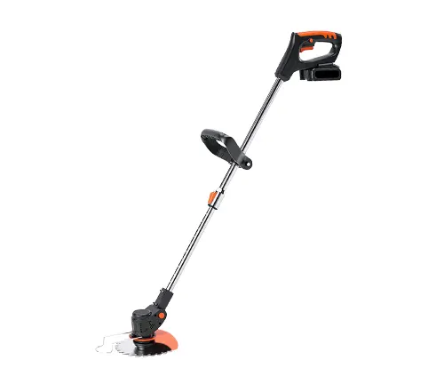 A sleek black and orange electric cordless string trimmer with an adjustable handle and a cutting guard, standing upright against a white background.