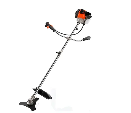 A robust gas-powered brush cutter with a chrome shaft and orange engine housing, featuring bicycle-style handles and a black cutting blade, isolated on a white background.