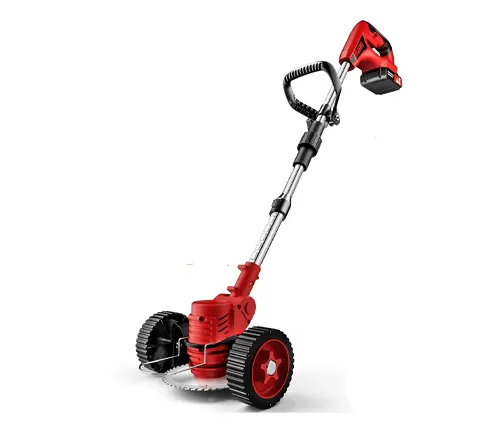 A unique red electric brush cutter with a wheeled base and an adjustable handle, equipped with a circular saw blade, displayed on a white background.