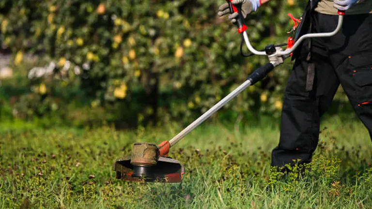 A person using a gas-powered brush cutter to trim grass in an orchard.