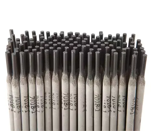Bundle of welding rods standing upright with grey coating and black tips, marked with '7018' text.