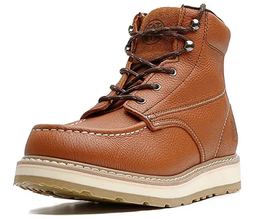 A brown leather welding boot with thick soles and durable laces, designed for 2024.