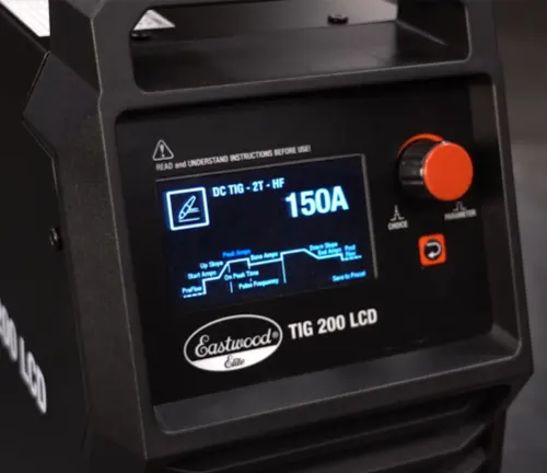 Close-up of the LCD display on the Eastwood Elite 200 Amp AC/DC TIG Welder showing settings and controls.