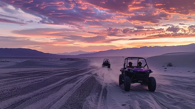 UTVs driving on desert dunes under a vibrant sunset sky with layered clouds and distant mountains.
